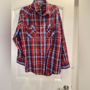 High Noon Western Shirt Mens Large Red Blue Pearl Snap Rockabilly Cowboy Rodeo